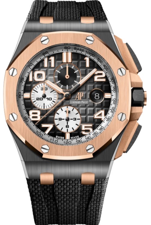 audemars-piguet-royal-oak-offshore-selfwinding-chronograph-stainless-steel-black-dial-white-sub-dial-rose-gold-bezel-ref26405nrooa002ca01-317767.jpg Audemars Piguet Royal Oak Offshore Selfwinding Chronograph/ Stainless Steel/ Black Dial/ White Sub-Dial/ Rose Gold Bezel (Ref#26405NR.OO.A002CA.01) - Image 1