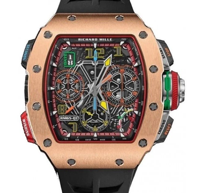richard-mille-chronograph-rose-gold-and-carbon-reference-65-01-318459.jpg Richard Mille Chronograph Rose Gold and Carbon (Reference 65-01) - Image 1