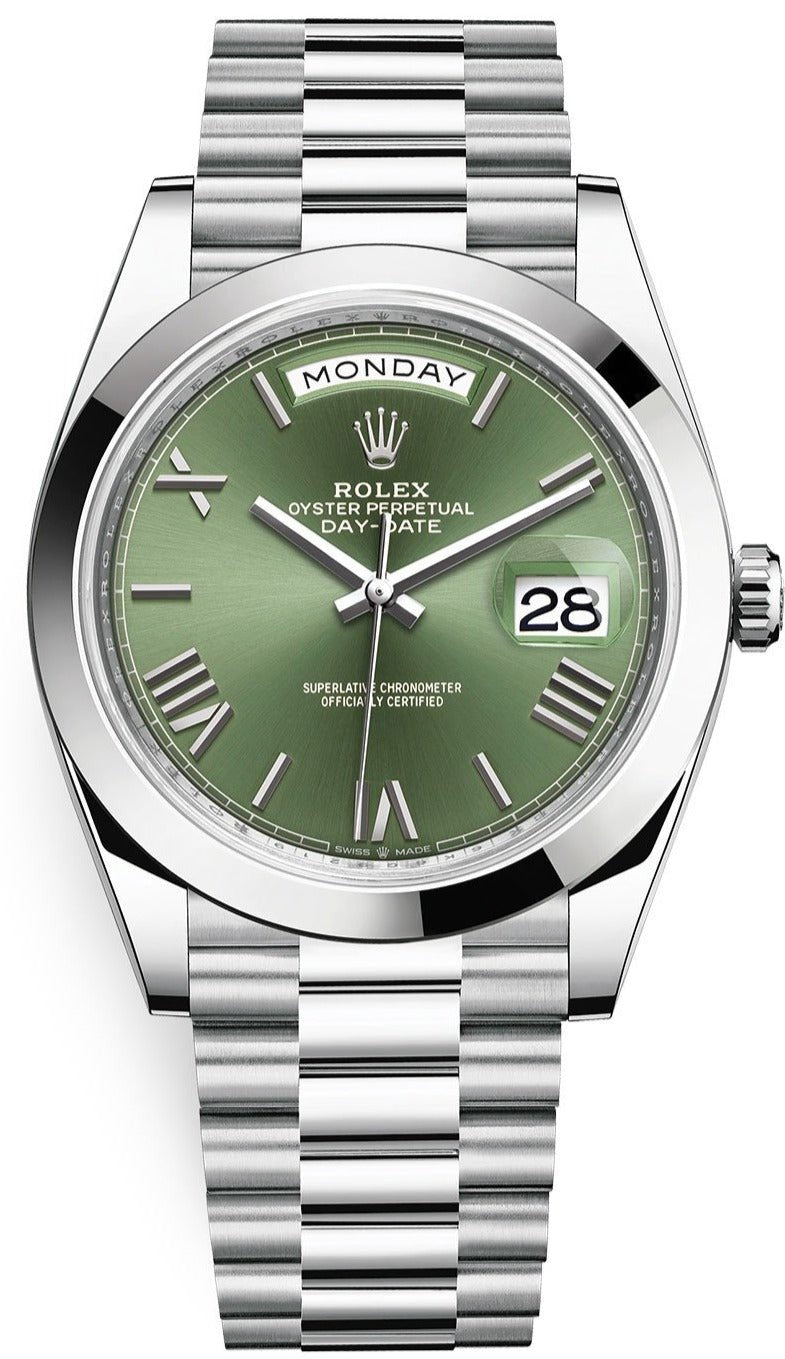rolex-950-platinum-day-date-40-watch-smooth-bezel-olive-green-bevelled-roman-dial-president-bracelet-ref-228206-262804.jpg Rolex 950 Platinum Day-Date 40 Watch - Smooth Bezel - Olive Green Bevelled Roman Dial - President Bracelet (Ref # 228206) - Image 1