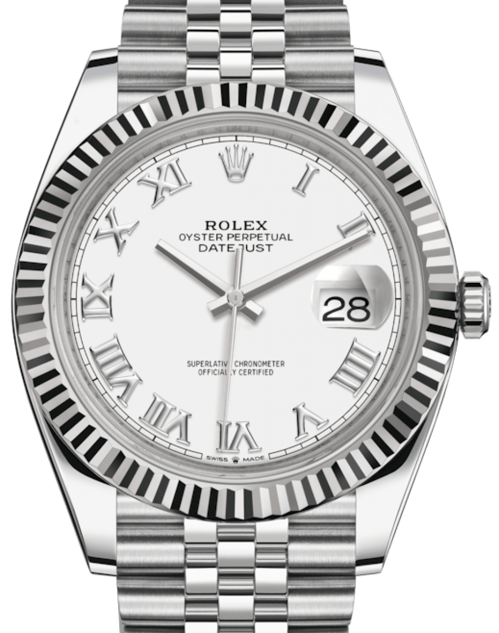 rolex-datejust-41-stainless-steel-white-roman-dial-fluted-bezel-jubilee-bracelet-ref-126300-650421.png Rolex Datejust 41/ Stainless Steel/ White Roman Dial/ Fluted Bezel/ Jubilee Bracelet (Ref# 126334) - Image 1