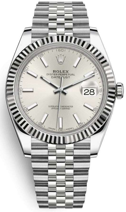 rolex-datejust-41-white-gold-and-steel-silver-index-fluted-bezel-ref126334-575959.jpg Rolex Datejust 41 White Gold and Steel Silver Index Fluted Bezel (Ref#126334) - Image 1