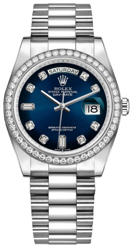 Rolex Day-Date 36/ Blue Ombre Dial/ Diamond Bezel/ White Gold President Bracelet (Ref # 128349RBR)