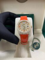 Rolex Day-Date 36 Orange Alligator Strap Pave Dial 128158rbr - Image 11