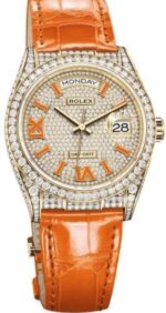 Rolex Day-Date 36 Orange Alligator Strap Pave Dial 128158rbr