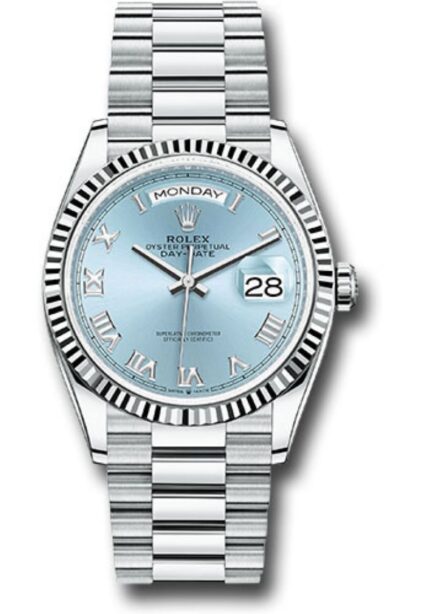 Rolex Day-Date 36 Platinum Ice Blue Roman Dial President Bracelet 128236