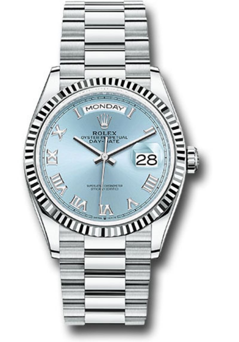rolex-day-date-36-platinum-ice-blue-roman-dial-president-bracelet-128236-681880.jpg Rolex Day-Date 36 Platinum Ice Blue Roman Dial President Bracelet 128236 - Image 1