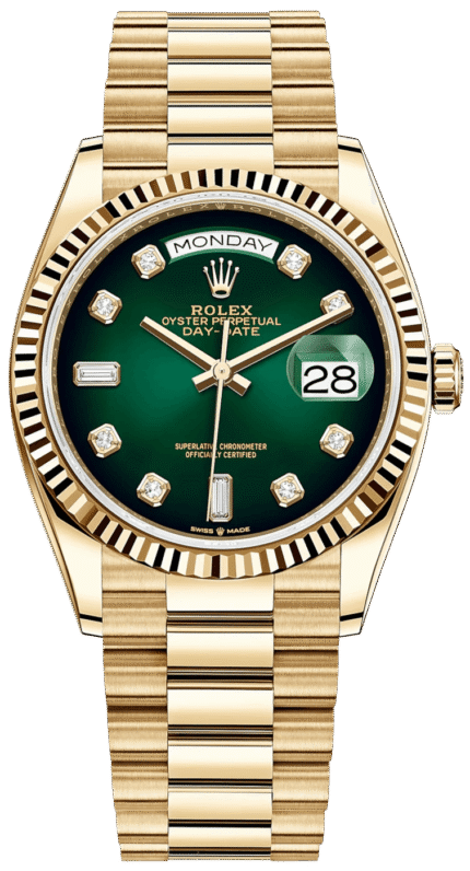 Rolex Day-Date 36 Watch Fluted Bezel Green Ombre´ Diamond Dial President Bracelet (Ref# 128238)