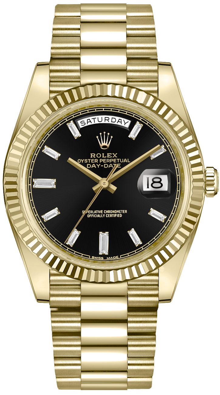 rolex-day-date-40-18k-yellow-gold-baguette-diamond-dial-fluted-bezel-ref-228238-100593.jpg Rolex Day-Date 40 18k Yellow Gold - Baguette Diamond Dial - Fluted Bezel (Ref# 228238) - Image 1