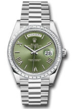 Rolex Day-Date 40 Baguette Diamond Bezel Olive Green Roman Dial President Bracelet 228396TBR