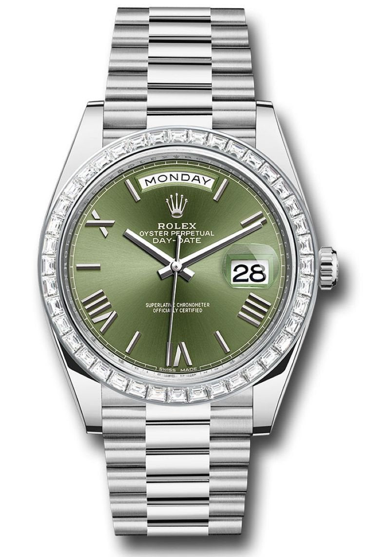 rolex-day-date-40-baguette-diamond-bezel-olive-green-roman-dial-president-bracelet-228396tbr-german-day-wheel-733203.jpg Rolex Day-Date 40 Baguette Diamond Bezel Olive Green Roman Dial President Bracelet 228396TBR - Image 1