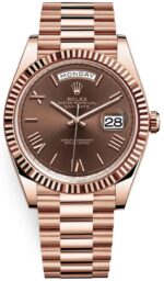 Rolex Day-Date 40 Rose Gold w/ Chocolate Roman Dial & Fluted Bezel (Ref# 228235)
