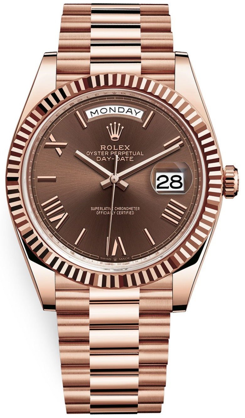 rolex-day-date-40-rose-gold-w-chocolate-roman-dial-fluted-bezel-ref-228235-841906.jpg Rolex Day-Date 40 Rose Gold w/ Chocolate Roman Dial & Fluted Bezel (Ref# 228235) - Image 1