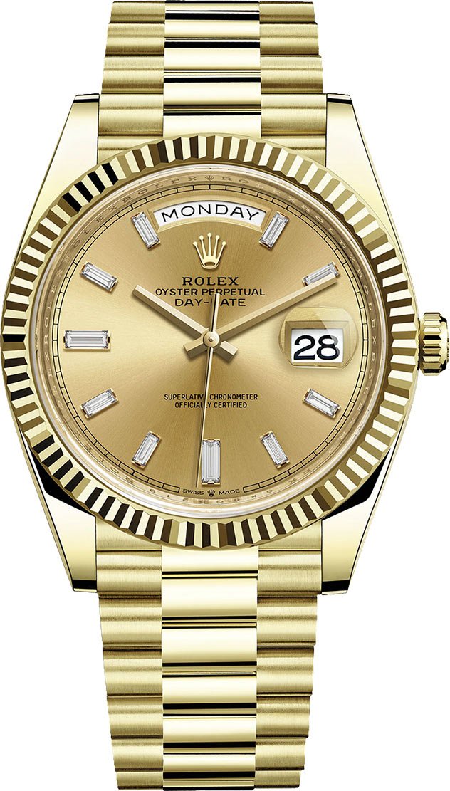 rolex-day-date-40-yellow-gold-champagne-diamond-baguette-dial-ref-228238-807038.jpg Rolex Day-Date 40 Yellow Gold - Champagne Diamond Baguette Dial (Ref# 228238) - Image 1