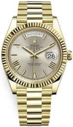 Rolex Day-Date 40 Yellow Gold Silver Roman Dial Fluted Bezel (Ref # 228238)