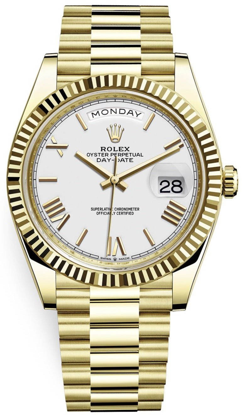rolex-day-date-40-yellow-gold-white-roman-dial-fluted-bezel-ref-228238-333972.jpg Rolex Day-Date 40 Yellow Gold White Roman Dial Fluted Bezel (Ref# 228238) - Image 1