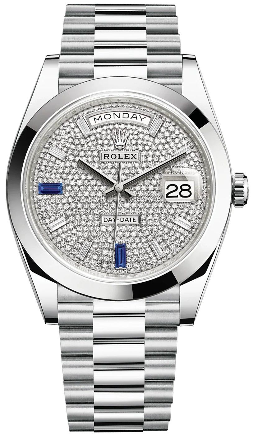 rolex-day-date-40mm-paved-diamond-sapphires-dial-smooth-dome-bezel-platinum-president-automatic-ref-228206-690465.jpg Rolex Day-Date 40mm Paved Diamond Sapphires Dial - Smooth Dome Bezel - Platinum President Automatic (Ref# 228206) - Image 1