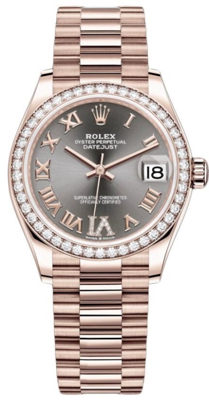 Rolex Everose Gold Datejust 31 Watch - Diamond Bezel - Rhodium Diamond Six Dial - President Bracelet (Reference # 278285RBR)