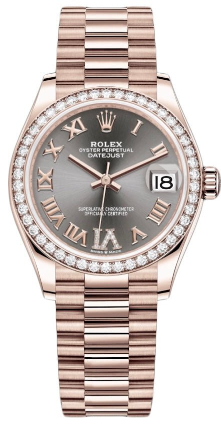 rolex-everose-gold-datejust-31-watch-diamond-bezel-rhodium-diamond-six-dial-president-bracelet-reference-278285rbr-100865.jpg Rolex Everose Gold Datejust 31 Watch - Diamond Bezel - Rhodium Diamond Six Dial - President Bracelet (Reference # 278285RBR) - Image 1