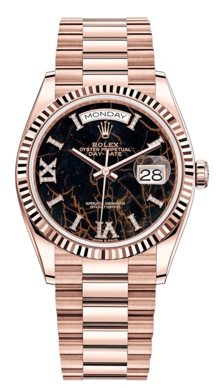 Rolex Everose Gold Day-Date 36 Watch - Fluted Bezel - Eisenkiesel Diamond Dial - President Bracelet (Ref # 128235)