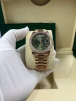 Rolex Everose Gold Day-Date 40 Watch - Everose Gold Bezel - Olive Green Bevelled Roman Dial - President Bracelet (Ref# 228345RBR) - Image 10