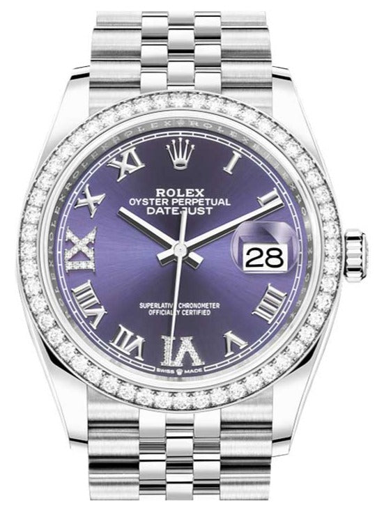rolex-steel-datejust-36-watch-diamond-bezel-aubergine-purple-diamond-roman-vi-and-ix-dial-jubilee-bracelet-reference-126284rbr-457805.jpg Rolex Steel Datejust 36 Watch - Diamond Bezel - Aubergine Purple Diamond Roman VI and IX Dial - Jubilee Bracelet (Reference #126284rbr) - Image 1