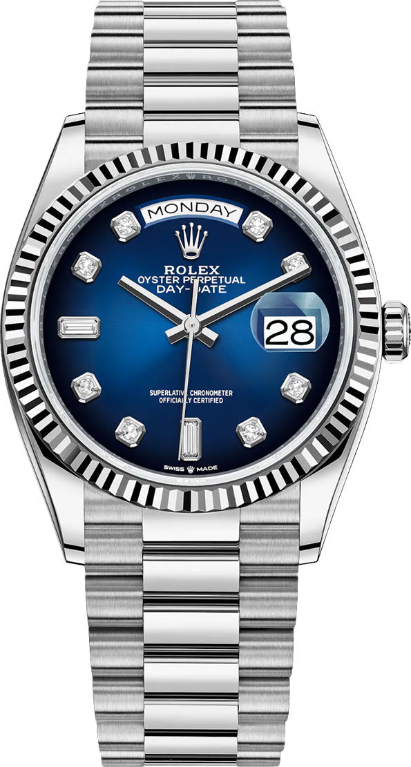 rolex-white-gold-day-date-36-watch-fluted-bezel-blue-ombre-diamond-dial-president-bracelet-ref-128239-537736.jpg Rolex White Gold Day-Date 36 Watch - Fluted Bezel - Blue Ombre“ Diamond Dial - President Bracelet (Ref # 128239) - Image 1