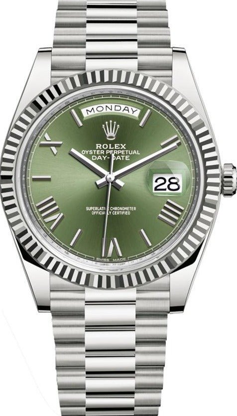 rolex-white-gold-day-date-40-watch-fluted-bezel-olive-green-bevelled-roman-dial-president-bracelet-ref-228239-383149.jpg Rolex White Gold Day-Date 40 Watch - Fluted Bezel - Olive Green Bevelled Roman Dial - President Bracelet (Ref# 228239) - Image 1