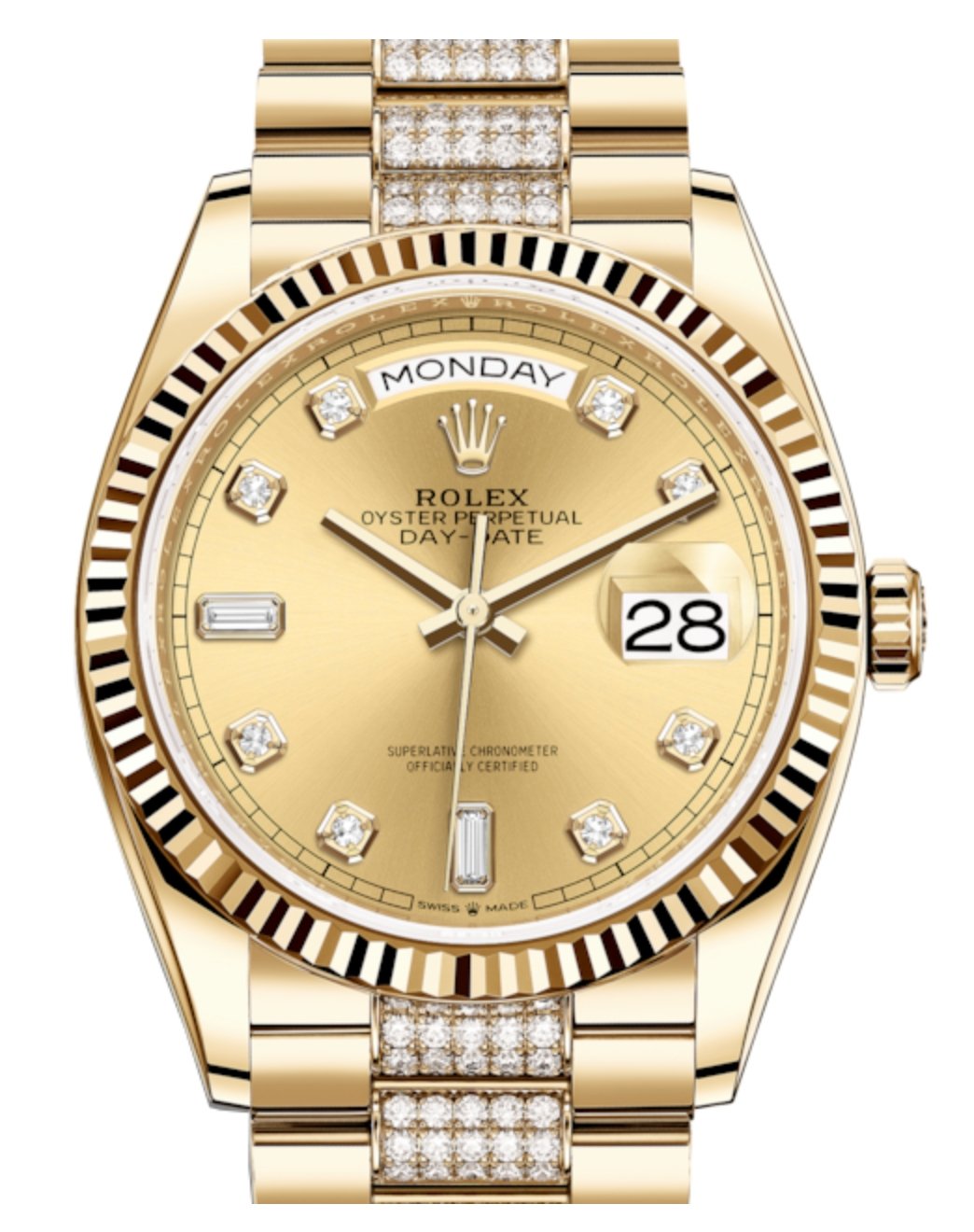 rolex-yellow-gold-day-date-36-watch-fluted-bezel-champagne-diamond-dial-diamond-president-bracelet-619384.jpg Rolex Yellow Gold Day-Date 36 Watch - Fluted Bezel - Champagne Diamond Dial - Diamond President Bracelet - Image 1